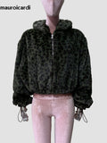 Ouzey Spring Winter Short Colorful Leopard Print Soft Warm Faux Fur Coat Women with Hood Long Sleeve Fluffy Jacket 2025