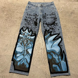 Ouzey Harajuku y2k baggy jeans blue eyes white dragon print wide leg denim pants popular anime jeans streetwear trouser men clothing