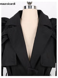 Ouzey Spring Khaki Long Trench Coat for Women with Ruffled Sleeve Belt Elegant Chic Modest Luxury Black Overcoat 2025