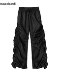 Ouzey Spring Autumn Long Loose Casual Ruched Black Wide Leg Pants Men Elastic Waist Luxury Designer Clothing Trousers 2025