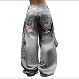 Ouzey 2024 European and American Hip-hop Gothic Print Jeans Female Y2K New High Street Loose Fashion Straight Pants Wide-leg Pants