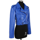 Ouzey Spring Short Blue Lightweight Soft Pu Leather Moto & Biker Jacket Women Zipper Belt Long Sleeve Fall Clothes 2025