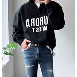 Ouzey Dark green men's sweatshirt spring and autumn trendy brand lapel letter pullover top retro loose versatile long-sleeved jacket