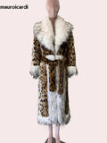 Ouzey Winter Long Thick Warm Colorful Fluffy Leopard Print Faux Fur Coat Women with Fake Fox Fur Trim Luxury Designer Clothes 2025