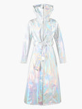 Ouzey Spring Long Shiny Reflective Holographic Silver Faux Leather Trench Coat for Women with Hood Zip Up Y2K Streetwear