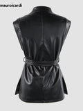 Ouzey Spring Short Black Soft Pu Leather Vest Women with Side Slit Sashes Stand Collar Luxury Chic Sleeveless Jacket 2025