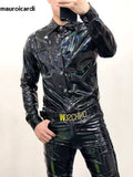 Ouzey Spring Autumn Cool Fitted Black Shiny Reflective Stretchy Holographic Faux Leather Shirt Jacket Men Emo Clothes 2025