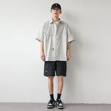 Ouzey 90s Streetwear 2024 Summer New Niche Retro Striped Short-sleeved Shirt Men's Fashionable Hem Drawstring Half-sleeved Shirt Jacket