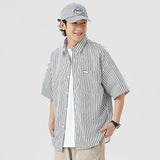 Ouzey Japanese Niche Striped Short-sleeved Shirt Boys Summer New Lapel Loose Casual Overcoat Men's Shirt