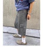 Ouzey American Style Retro Washed Denim Shorts Men's Summer Casual Loose Straight Wide Leg Trendy Brand Pocket Overalls Capri Pants