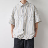 Ouzey 90s Streetwear 2024 Summer New Niche Retro Striped Short-sleeved Shirt Men's Fashionable Hem Drawstring Half-sleeved Shirt Jacket