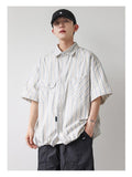 Ouzey 90s Streetwear 2024 Summer New Niche Retro Striped Short-sleeved Shirt Men's Fashionable Hem Drawstring Half-sleeved Shirt Jacket