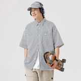 Ouzey Japanese Niche Striped Short-sleeved Shirt Boys Summer New Lapel Loose Casual Overcoat Men's Shirt