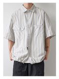 Ouzey 90s Streetwear 2024 Summer New Niche Retro Striped Short-sleeved Shirt Men's Fashionable Hem Drawstring Half-sleeved Shirt Jacket