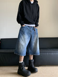 Ouzey American Style Retro Old Blue Lightning Denim Shorts Men's Summer New Loose Straight Wide Leg Cropped Pants Draped