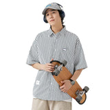 Ouzey Japanese Niche Striped Short-sleeved Shirt Boys Summer New Lapel Loose Casual Overcoat Men's Shirt