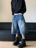 Ouzey American Style Retro Old Blue Lightning Denim Shorts Men's Summer New Loose Straight Wide Leg Cropped Pants Draped