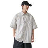 Ouzey 90s Streetwear 2024 Summer New Niche Retro Striped Short-sleeved Shirt Men's Fashionable Hem Drawstring Half-sleeved Shirt Jacket