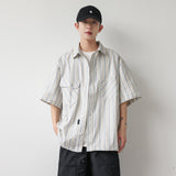 Ouzey 90s Streetwear 2024 Summer New Niche Retro Striped Short-sleeved Shirt Men's Fashionable Hem Drawstring Half-sleeved Shirt Jacket