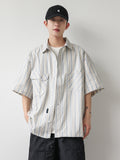 Ouzey 90s Streetwear 2024 Summer New Niche Retro Striped Short-sleeved Shirt Men's Fashionable Hem Drawstring Half-sleeved Shirt Jacket