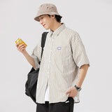 Ouzey Japanese Niche Striped Short-sleeved Shirt Boys Summer New Lapel Loose Casual Overcoat Men's Shirt