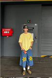 Ouzey Korean Style Small Flower Embroidered Denim Shorts Men's 2024 Summer New Straight Wide Leg Casual All-match Couple's Capri Pants