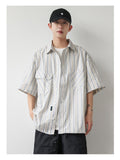 Ouzey 90s Streetwear 2024 Summer New Niche Retro Striped Short-sleeved Shirt Men's Fashionable Hem Drawstring Half-sleeved Shirt Jacket