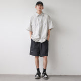 Ouzey 90s Streetwear 2024 Summer New Niche Retro Striped Short-sleeved Shirt Men's Fashionable Hem Drawstring Half-sleeved Shirt Jacket