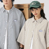 Ouzey Japanese Niche Striped Short-sleeved Shirt Boys Summer New Lapel Loose Casual Overcoat Men's Shirt