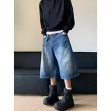 Ouzey American Style Retro Old Blue Lightning Denim Shorts Men's Summer New Loose Straight Wide Leg Cropped Pants Draped