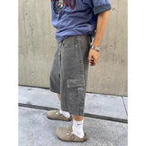 Ouzey American Style Retro Washed Denim Shorts Men's Summer Casual Loose Straight Wide Leg Trendy Brand Pocket Overalls Capri Pants